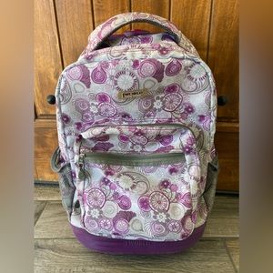 J World New York Sunrise purple and white rolling backpack